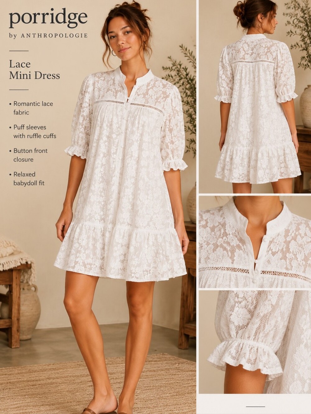Porridge Anthropologie White Lace Babydoll Peasant Dress Floral Applique Large